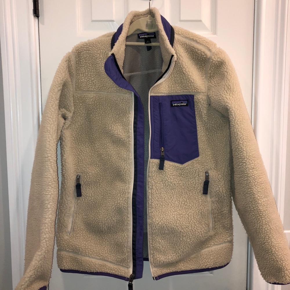 Patagonia zip up tan and purple women’s medium